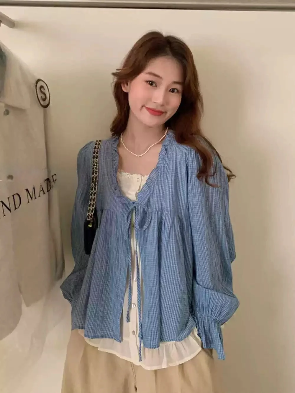 

plus Size Women's Sweet Style Long Sleeve Shirt Korean Version Belted Layered Look Versatile Age-Defying Commute-Inspired Design
