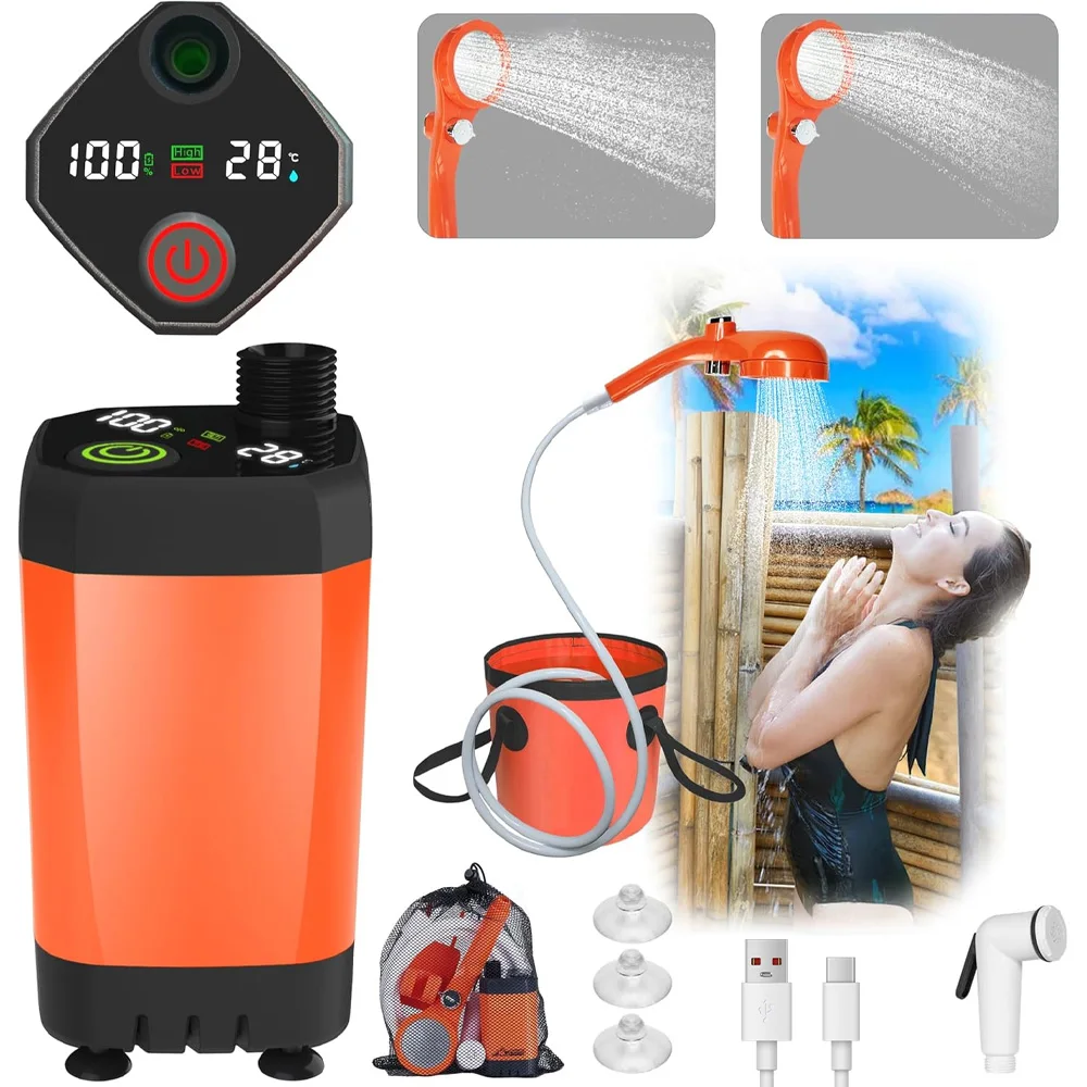 Pompe de douche électrique portable, kit de douche de camping, écran indicateur LED, étanche IPX7, tuyau de 2 m, 4 modes de débit d'eau, douches extérieures, 6000 mAh, pour camping, randonnée, lavage de voiture, nettoyage des animaux