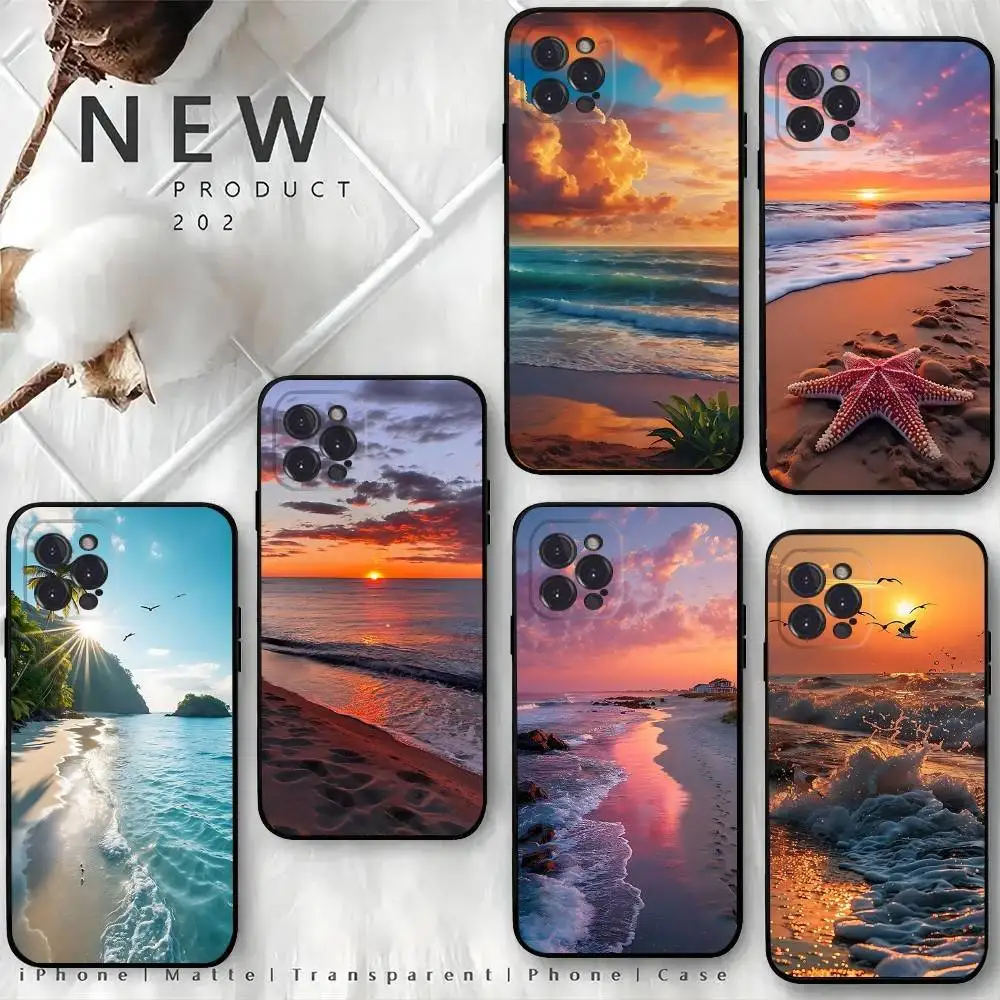 

Summer Beach Sunset On Sea Phone Case For iPhone 16,15,14,13,12 Mini 11 Pro XR,X,XS,MAX 7,8 Plus Silicone Cover Soft Black