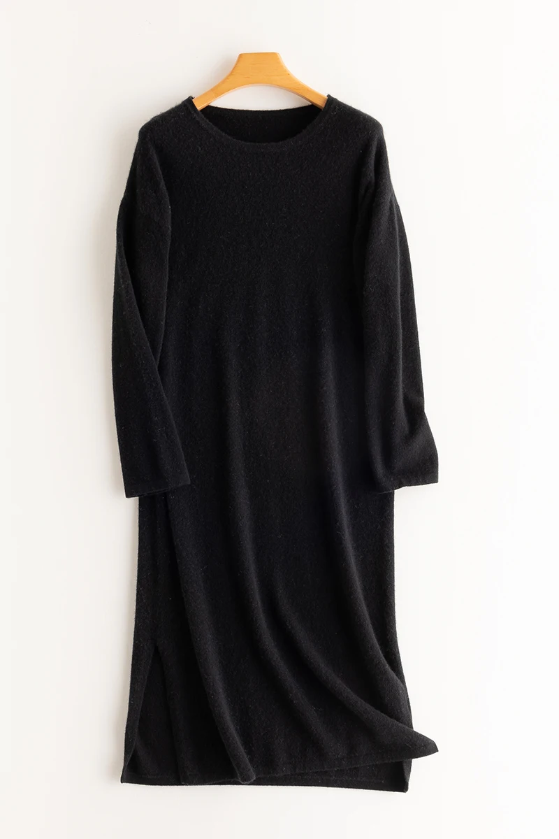 Knitted Cashmere Dress with Loose Pullover, Long Split Wool Dress, New Round Neck, Autumn and Winter