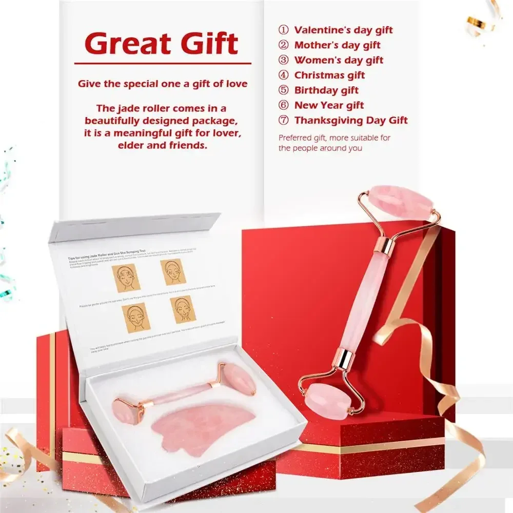 Natural Rose Quartz Jade Roller Gua Sha Set Facial Massager Roller Jade Stone Massage Face Lifting Beauty Dụng cụ massage chăm sóc da mặt Bộ dụng cụ cạo cằm Nâng cơ