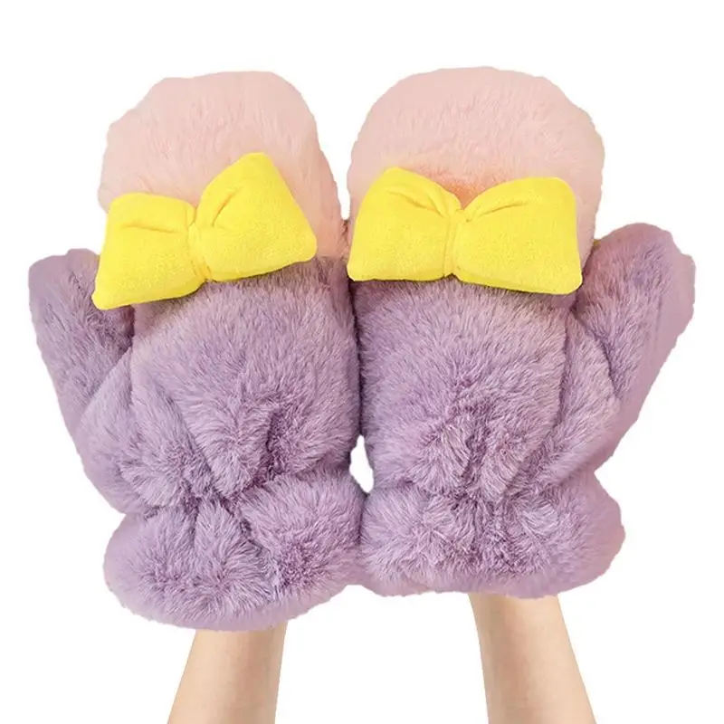 Women Warm Gloves Girls Plush Cute Princess Gloves Soft Warm Gloves Design With Bow For Women Girls Winter Accessories