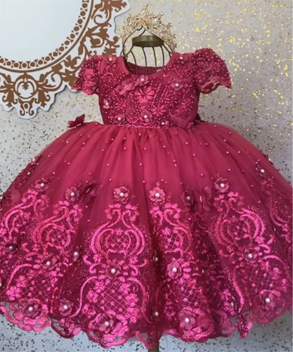 

Cute Flower Girl Dresses for Wedding Lace 3d Applique Beaded with Bow Birthday Princess Kids Evening Party First Communion Gowns