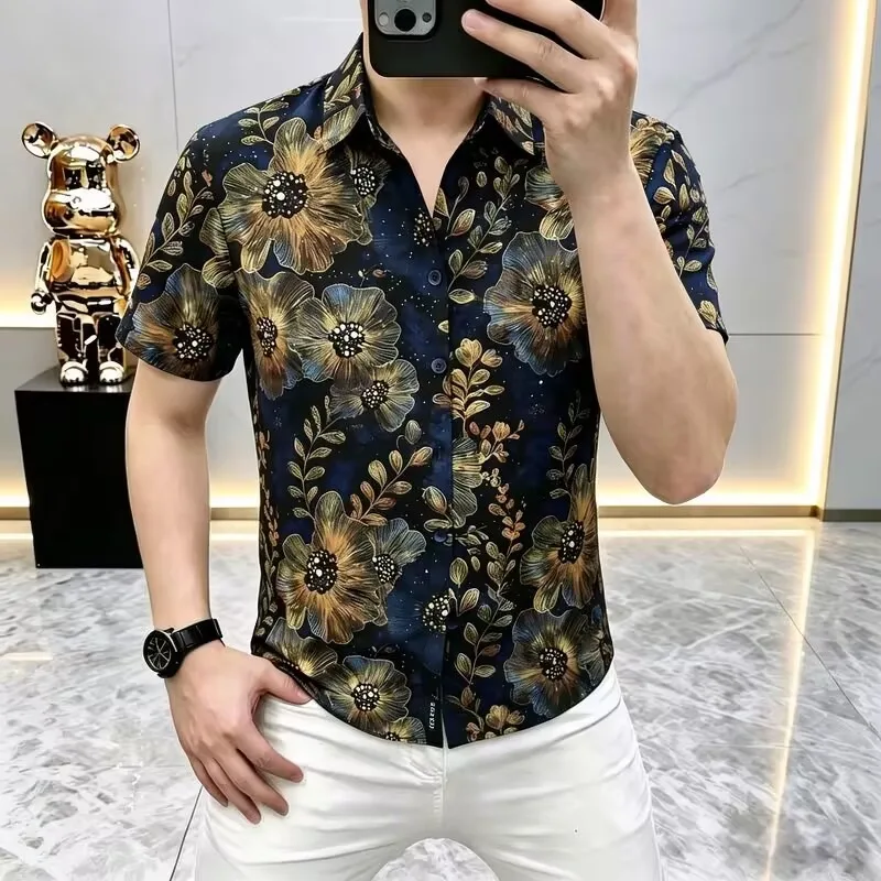 Luxury Rhinestone Short Sleeved Shirt for Men's Summer Collar Casual Business Social Shirts Streetwear Party Tuxedo Blouse 2026
