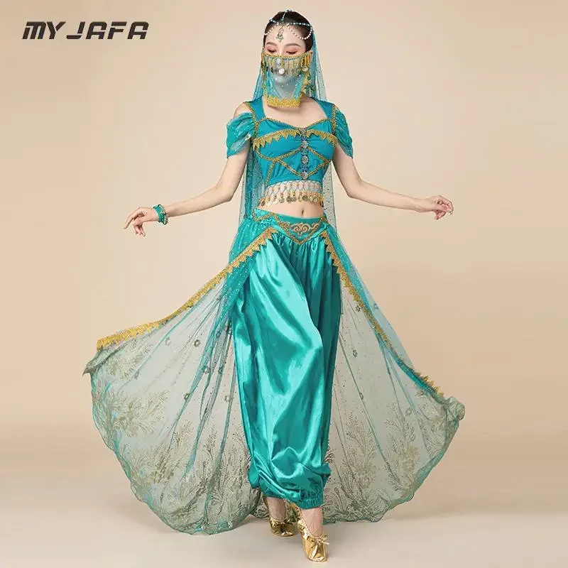 Cos Indian Arabian Dance Courtly Style Embroider Princess Dress Bollywood Jasmine Cosplay Costume Women Fancy Outfit for Adults