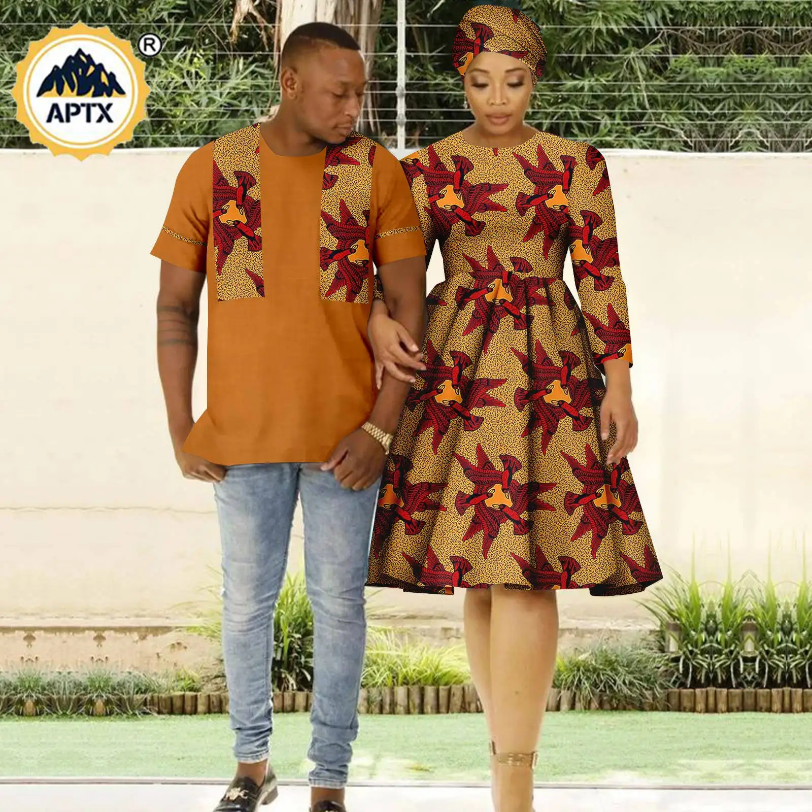 Imagem -02 - Vestidos Africanos Dashiki para Mulheres Estampa na Altura do Joelho Headwraps Roupas de Casal Combinando Camisa Superior Bazin Riche Homens Y23c064