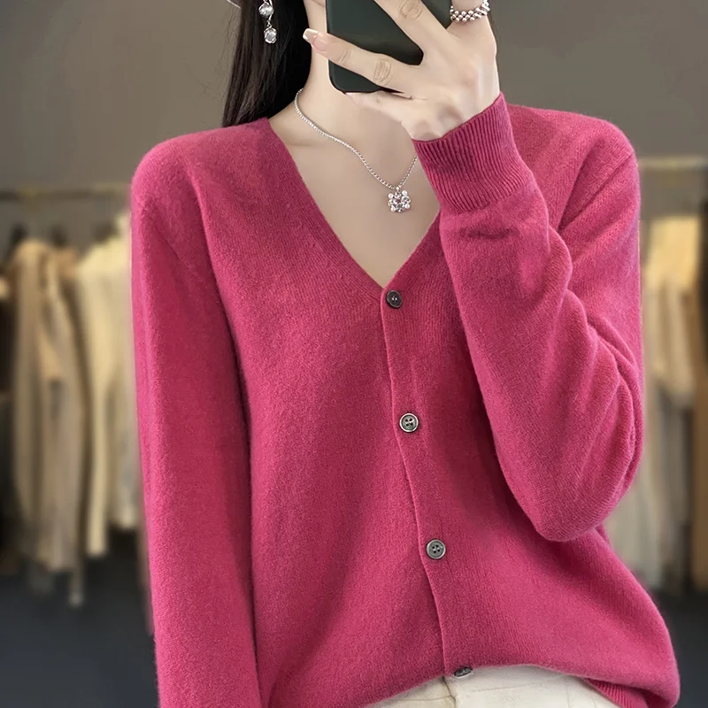 New Women\'s V-neck thin Cardigan 100% Wool Comfortable Soft Knitwear Solid Color Cardigan WQ015