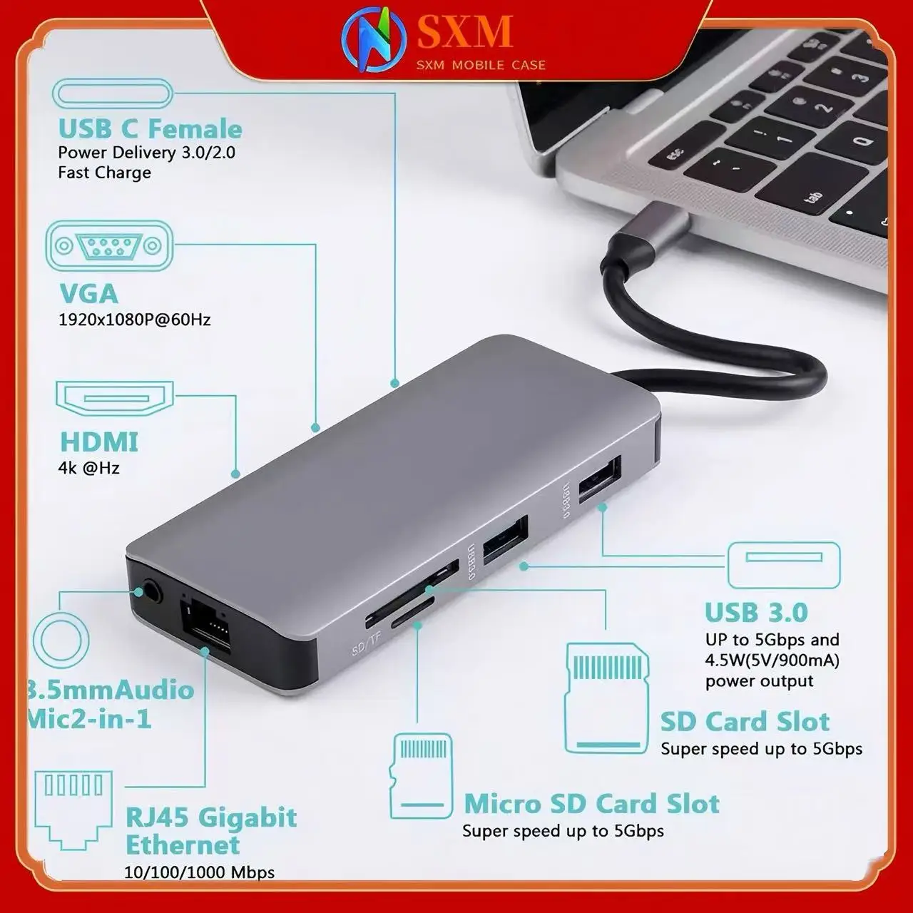 

Type-C docking station, 9-in-1 multi-function 9-port docking station, HDTV VGA network port, USB3.0 PD fast charging