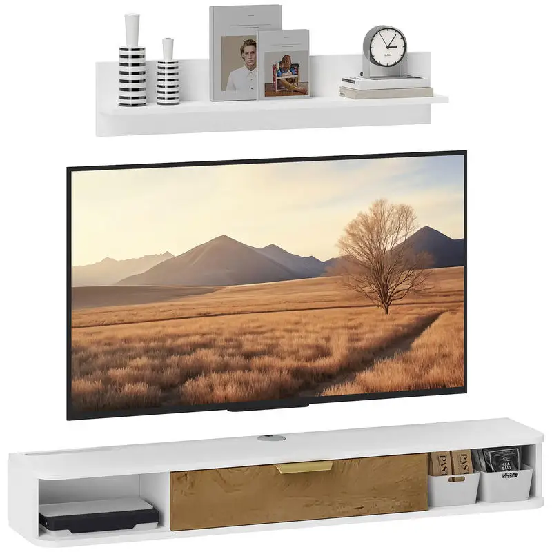 Ensemble meuble TV suspendu avec étagère murale, meuble télé mural en bois avec passe-câbles 120 x 24 x 16 cm blanc