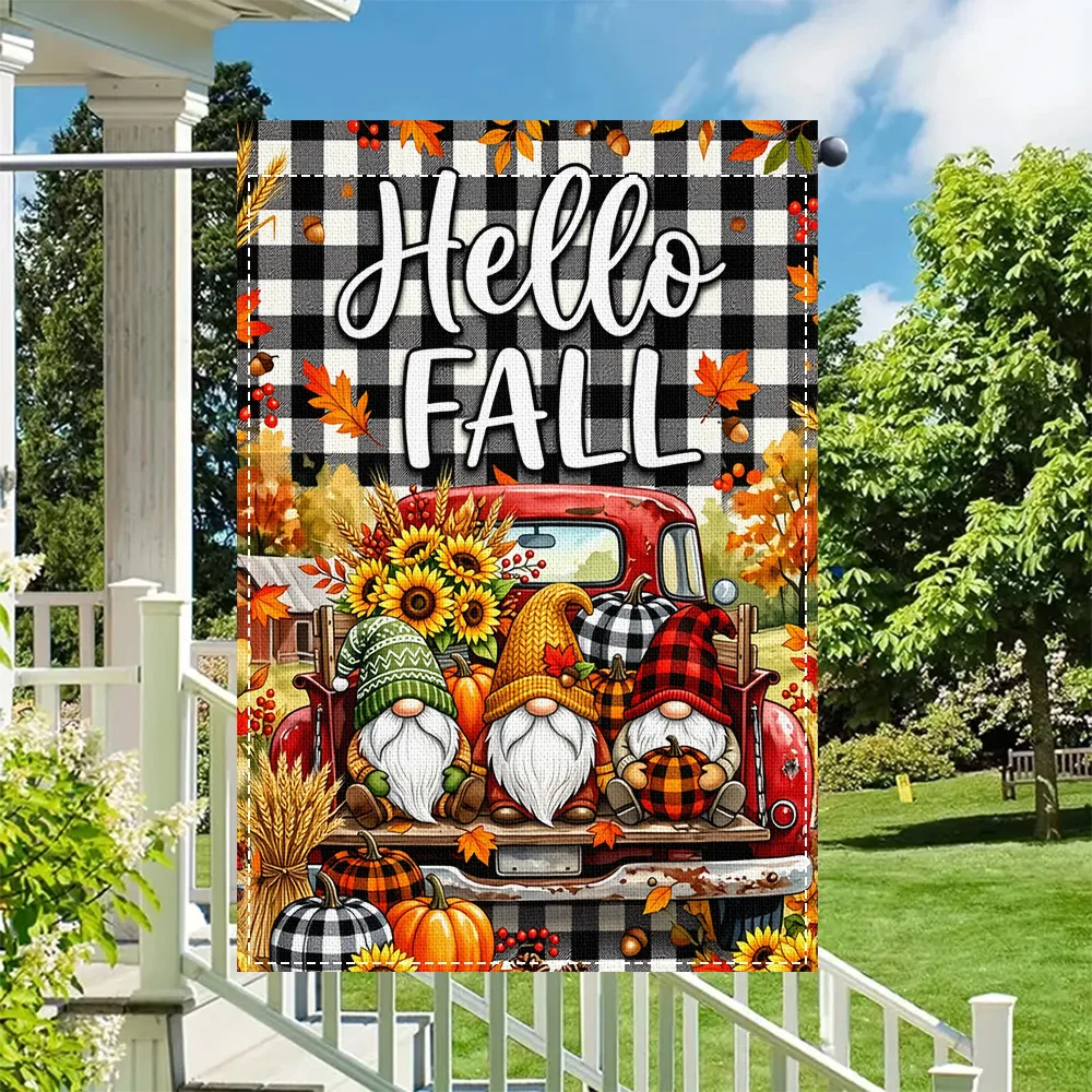 1pc Hello Fall Gnome Garden Garden Flag, Buffalo Plaid Truck with Pumpkin, Duplex Print, Perfect for Patio and Outdoor Fall Deco