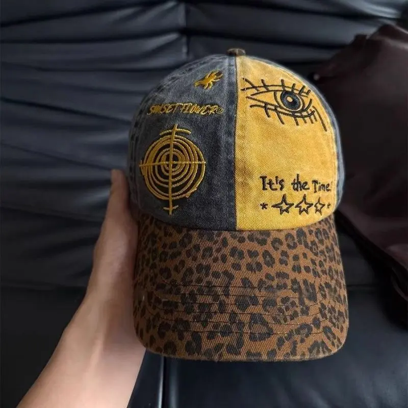 Vintage Leopard Print Baseball Cap Leopard Print Brim Evil Eye Target Embroidery Hat Retro Streetwear Hip Hop Outdoor Sun Hat