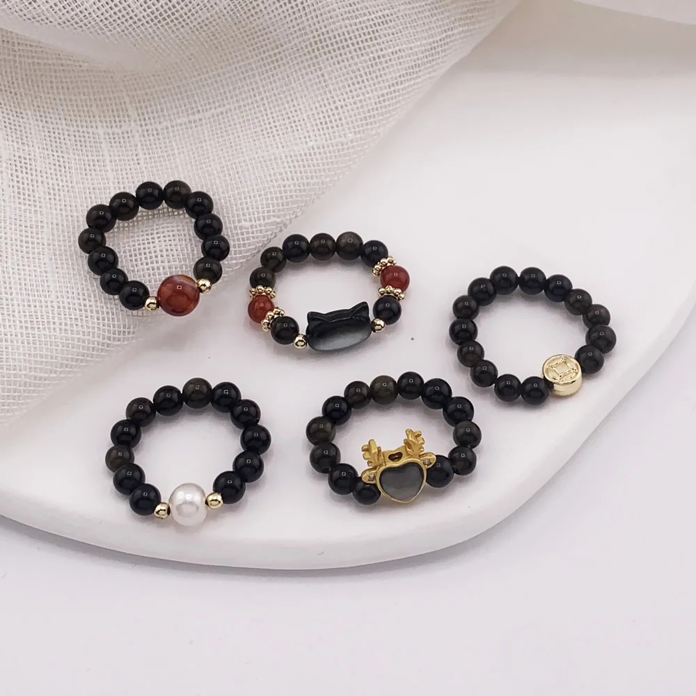 Vintage Natural Black Obsidian Stone Rings for Women Men Red Agates Black Shell Cat Charm Strand Elastic Finger Rings Healing