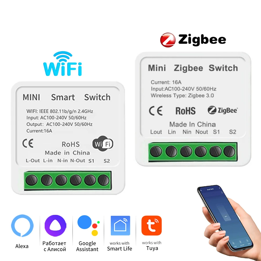 

Умный Wi-Fi ZigBee выключатель Tuya 100-240В 16А, мини-автоматический выключатель, дистанционное управление через приложение Smart Life, совместим с Alexa и Google Home
