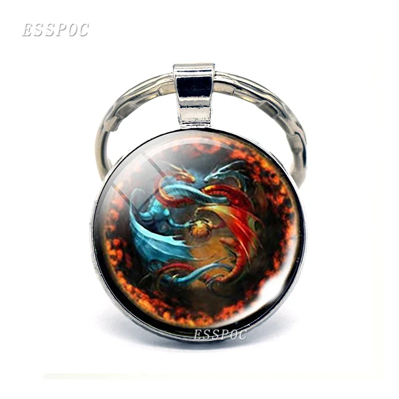 Phoenix Keychain Steampunk Yin Yang Jewelry Glass Cabochon Keyring Metal Fashion Accessories for Men Women Valentines Gift