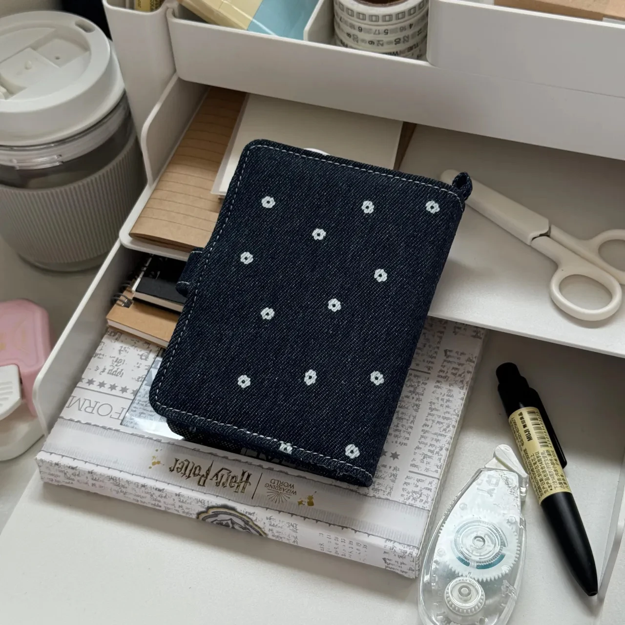 Dark Blue Floret Pattern Denim M5 A7 Loose Leaf Binder Journal Notebook Diary Cover Ring Planners Organizer Easy Carrying Agenda