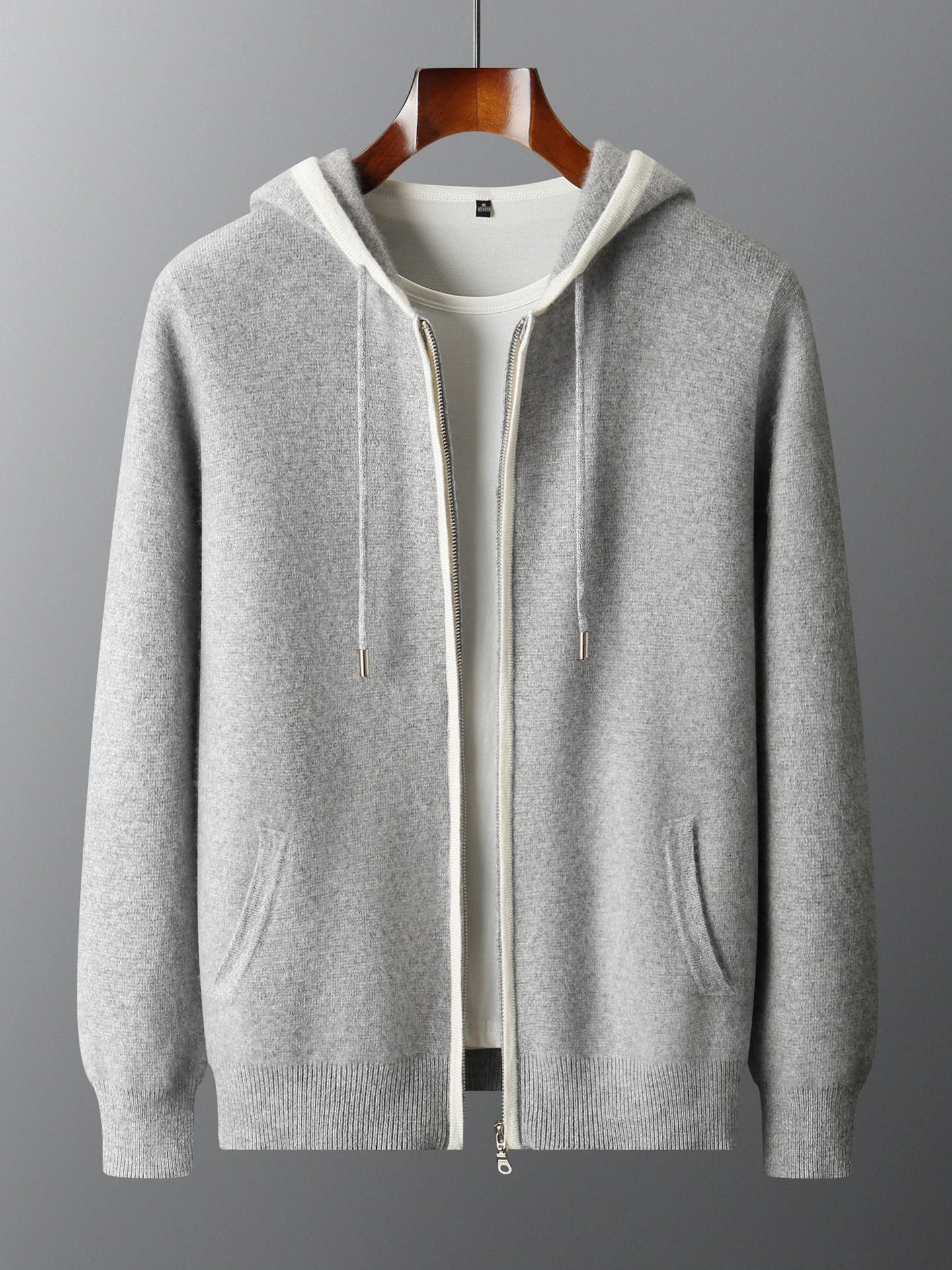 TLOML Men's 100% Merino Wool Knitwear Thick Air Layer Color block Hooded Zip Cardigan Autumn Winter Cashmere Sweater Thick Coat