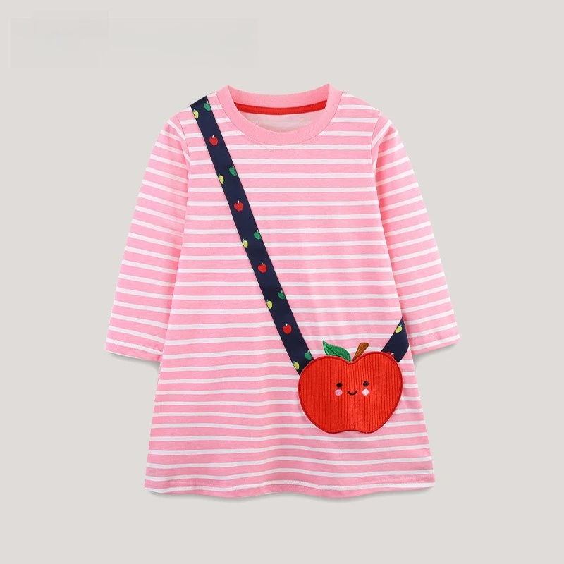 

Pink White Stripes Unique Apple Pattern Pocket Designs Children Casual Skirt Autumn Comfortable Kid Girl Cute Long Sleeve Dress