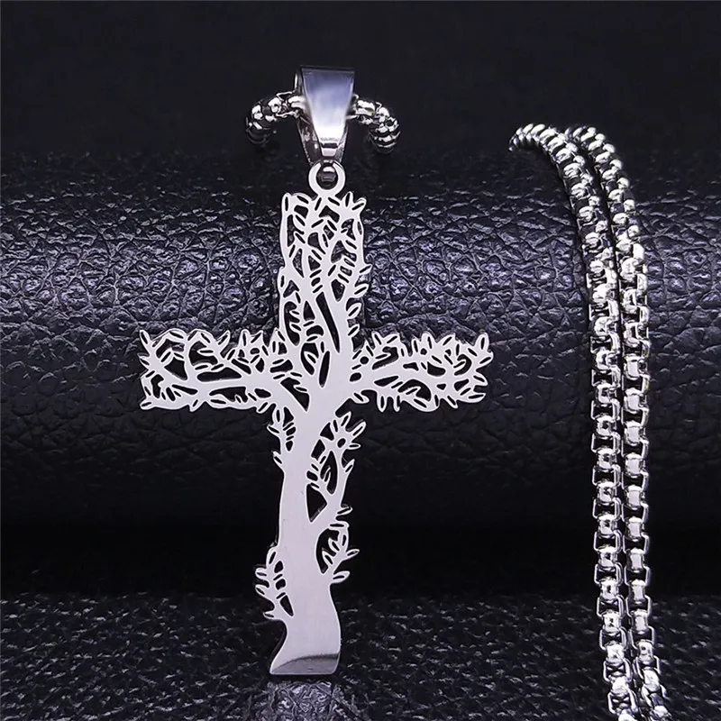Modische Edelstahl-Halskette mit Yoga-Meditationsbaum-Kreuz-Anhänger, Unisex-Schmuck, Geschenk für Männer und Frauen
