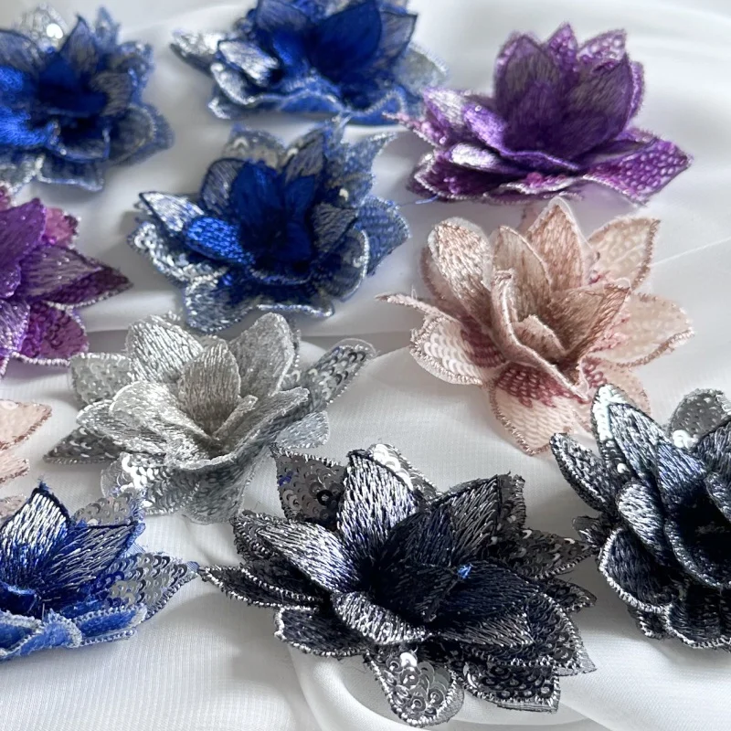 10Ps 7CM Blue 3d Small Sequin Flower Patches Embroidery Patch Military Applique Sew Clothing Wedding Evening Dress Accessory DIY