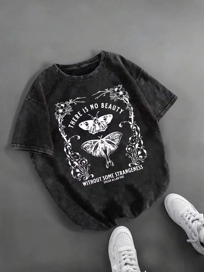Vintage Gothic Raven Print T-Shirt Unisex Washed Black Rundhals Oversized Tee Y2K Streetwear Kurzarm für den Alltag – Detail 3
