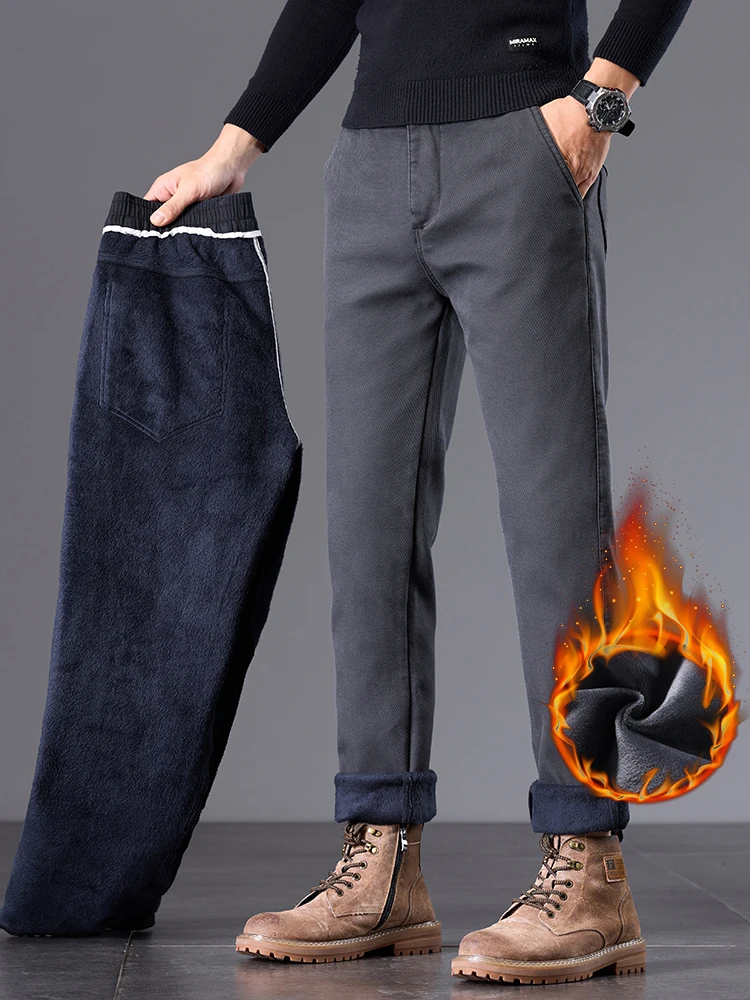 

Winter Men's Fleece Casual Pants Slim Comfortable Business Elastic Thickened Velvet Trousers Warm and Male Plush Pants