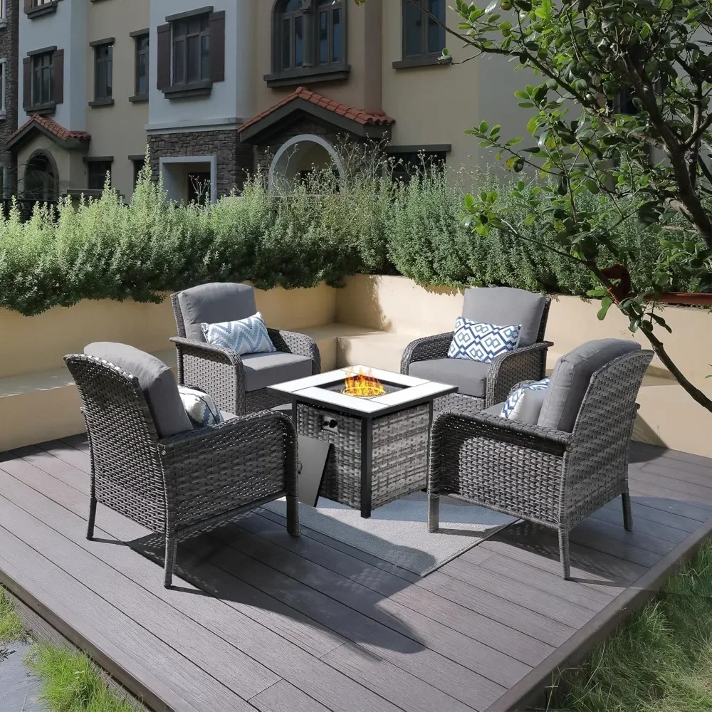 

5 Pieces Patio Furniture Set with Fire Pit Table, All Weather High Back Rattan Chairs with Comfy Cushions Patio Furniture Set