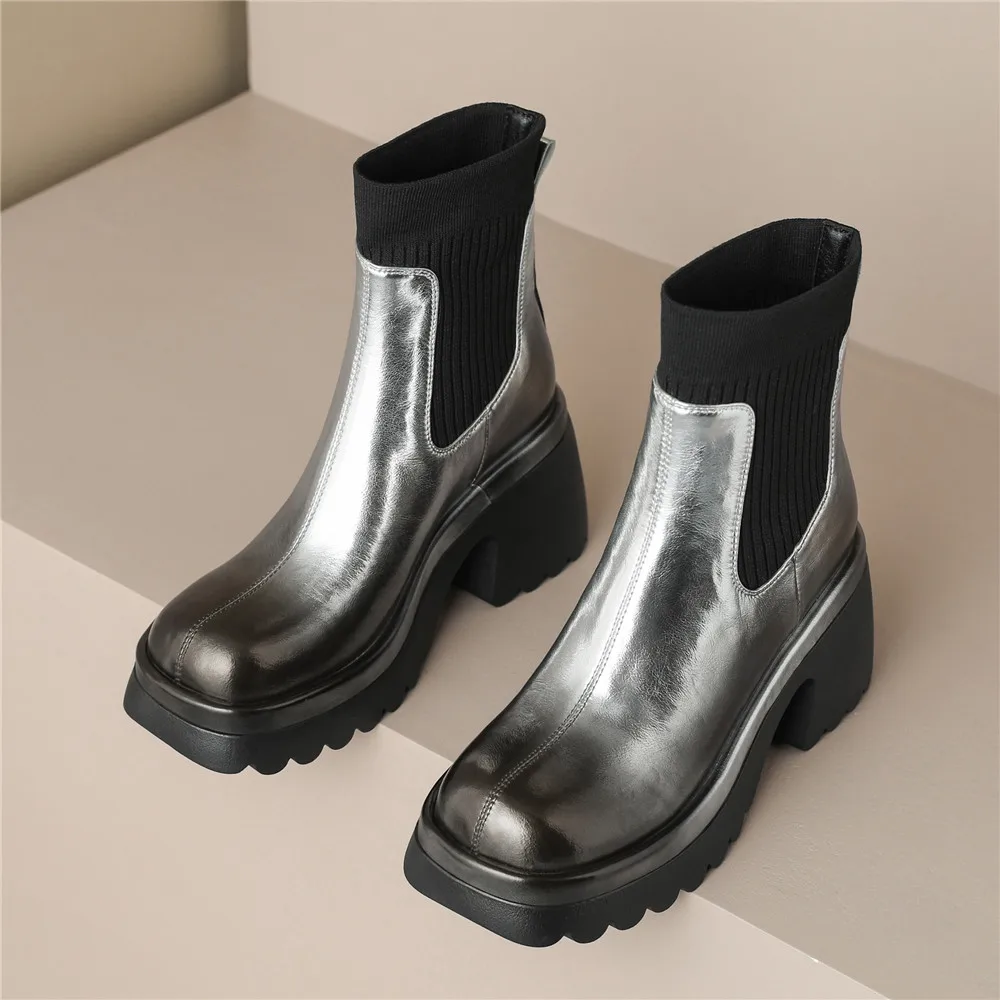 MILI-MIYA New Arrival Super High Thick Heels Metallic Women Cow Leather Ankle Boots Slip On Solid Color Round Toe WaterProof