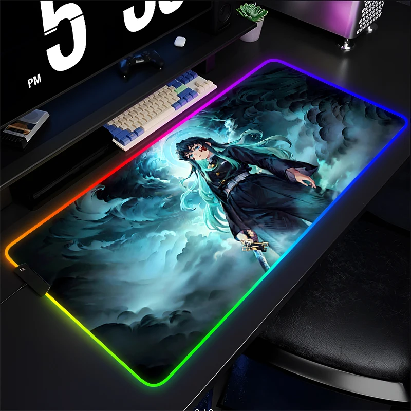 

LED Mouse Pad Japan Anime Gamer RGB PC Luminous Mousepad Demon Slayer Tokitou Muichirou Keyboard Pad Gaming Accessories Desk Mat