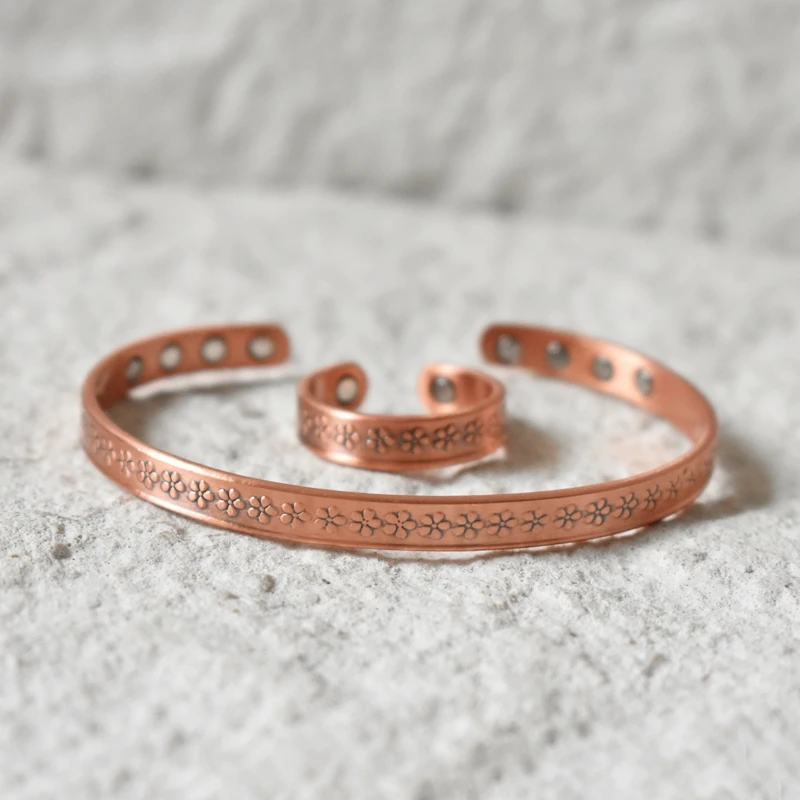 Magnetic Babgle&Ring Pure Copper Health Energy Bangles Vintage Flower Jewelry Set Adjustable Open Cuff Jewelry Women Resizable