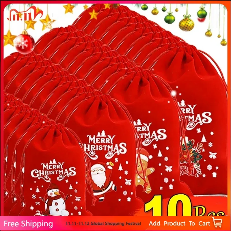 

10pcs Merry Christmas Velvet Bags Candy Snack Drawstring Pouch Wrapping Bag Xmas Gifts Bracelet Jewelry Packaging Storage Bags