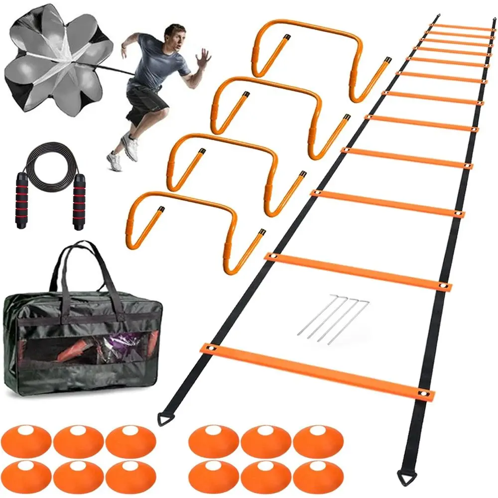 

Speed Agility Training Set: 20ft Ladder, 4 Hurdles, 12 Cones, Jump Rope, Running Parachute for Soccer & Fitness