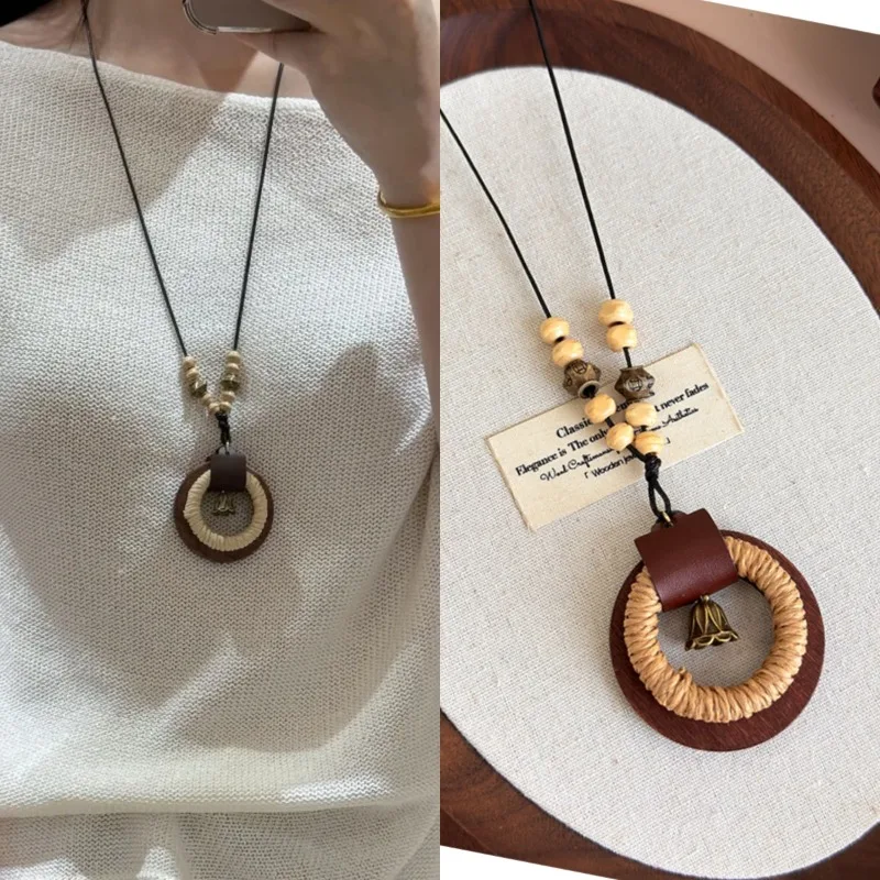 

Bohemian Long Braided Rope Wood Bead Necklace for Women Vintage Hoodie Chain Ethnic Resort Style Sweater Jewelry Adjustable