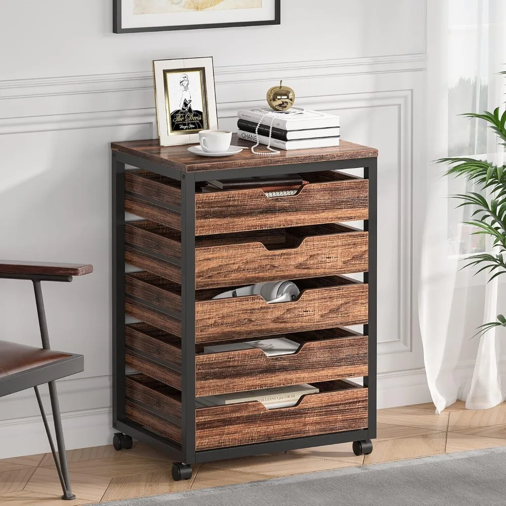 

5 Drawers Wood Storage Dresser Cabinet with Wheels, Industrial Storage Drawer Organizer Cart for Office Bedroom Entryway