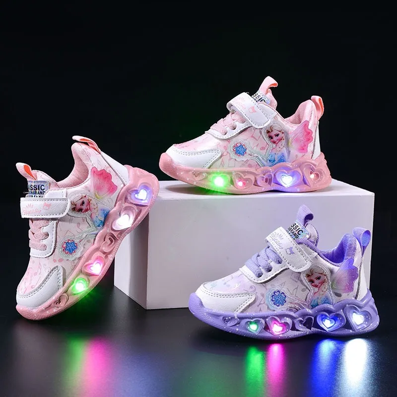 

Kids Led Light Shoes Girls Disney Frozen Casual Sneakers Princess Elsa Children Toddler Breathable Sport Running Shoes