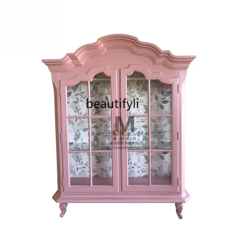 

French Style Wood Carved Wardrobe Vintage Distressed Princess Wardrobe Bedroom Double Door Pink Storage Display Cabinet
