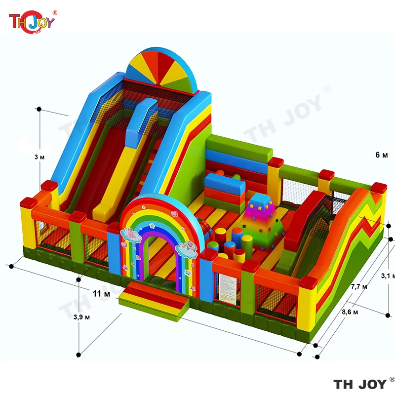 قلعة نطاطة للأطفال والكبار قابلة للنفخ بألوان قوس قزح مقاس 11 × 7.7 م