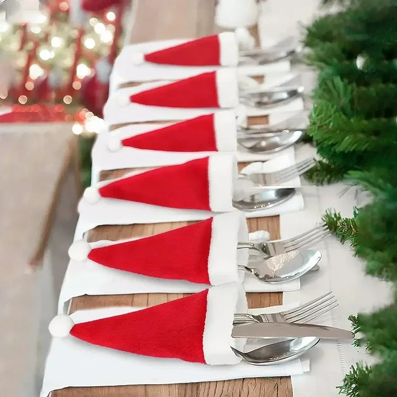 50PCS Christmas Hat for Fork Knife Tableware Decorations Plush Mini Santa Hat Family Party New Year Gifts Xmas Hat Small Red Cap
