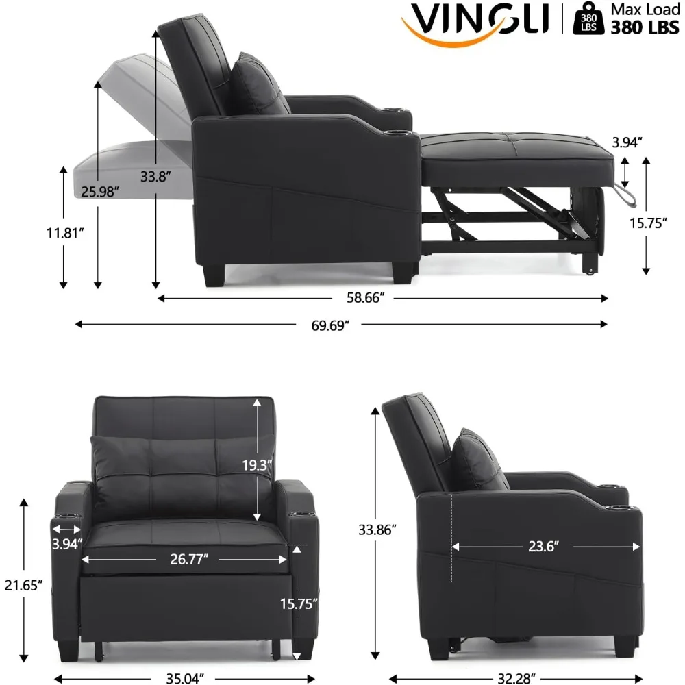 Sofá-cama conversível 3 em 1 ajustável com poltrona reclinável, sofá removível, 2 portas USB, 2 porta-copos, cadeira-cama moderna para estar