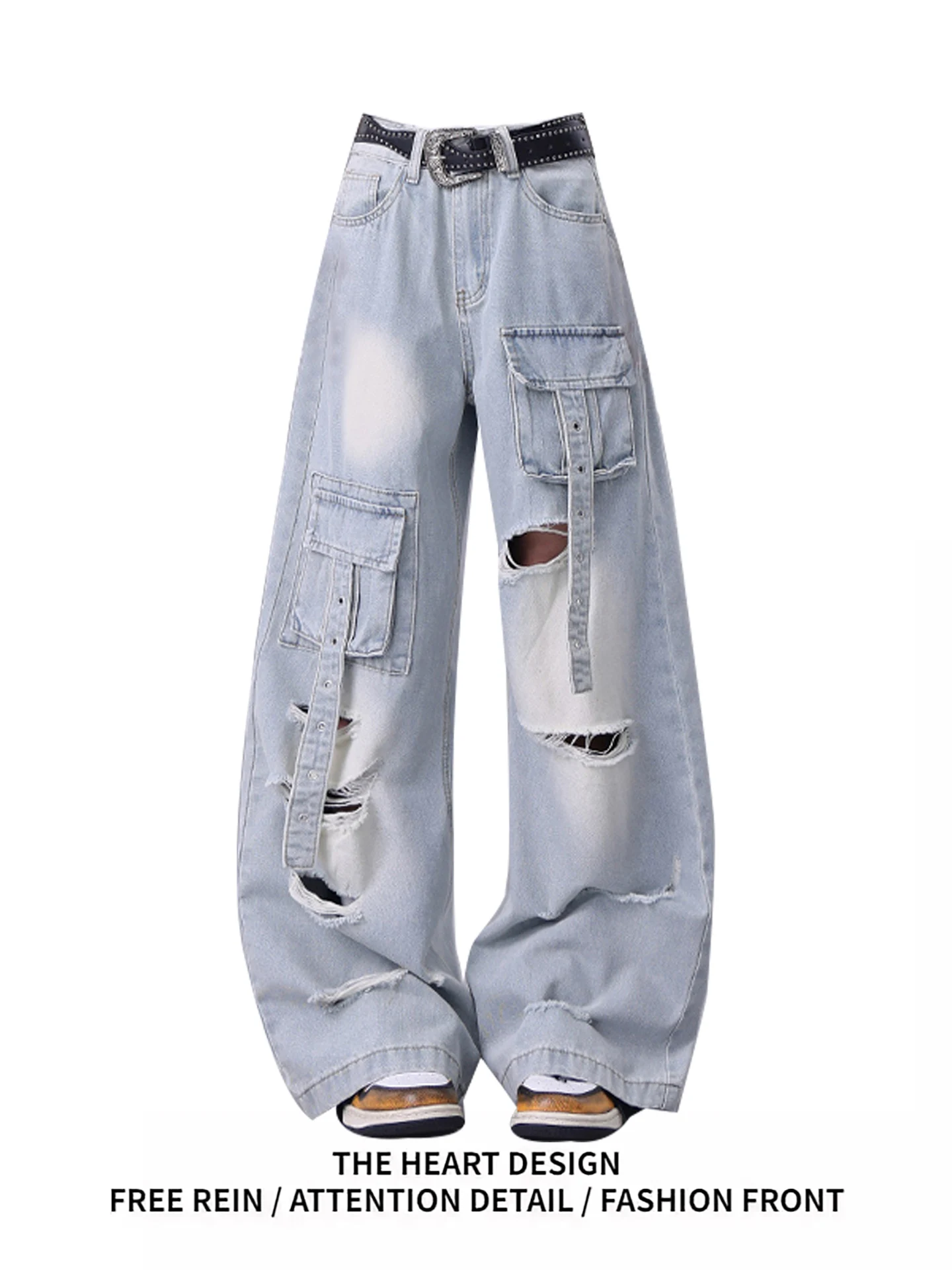 

Retro American Light Blue Waed Hole Work Pants Women Summer New Design Multi ket Wide Leg Jeans Casual High Waist Long P...