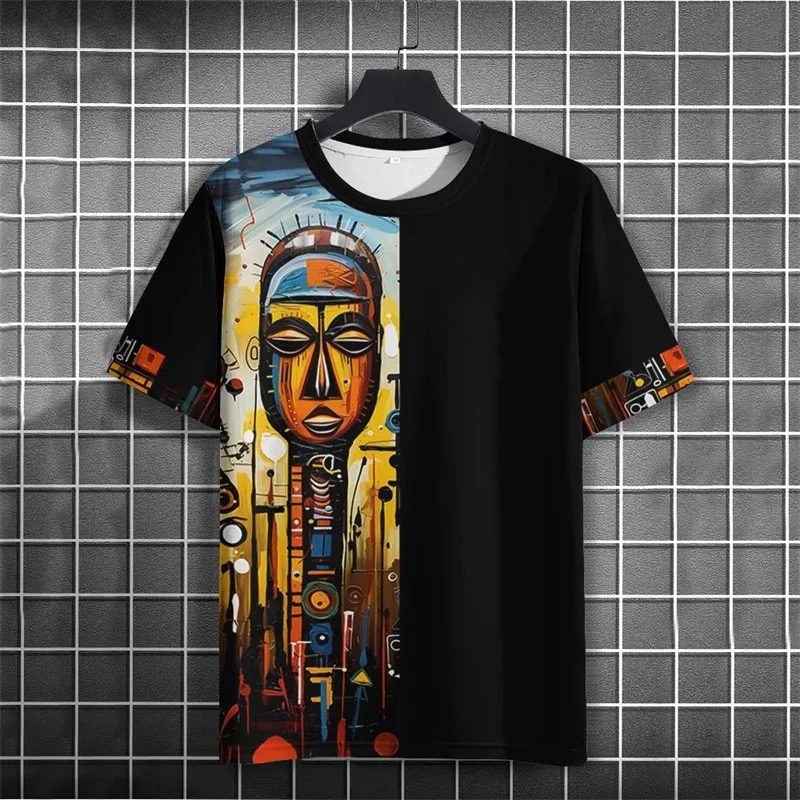 Vinatge Men African Tribal Abstract Mask Art 3D Print T‑Shirt Colorful Geometric Ethnic Culture Graphic Short‑Sleeve Casual Tee
