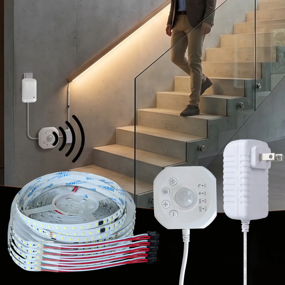 DC 24V Stairs Light Running Water Chase Effect LED Strip Lights Motion Sensor LED Tape Light for Corridor Living Room Ceiling