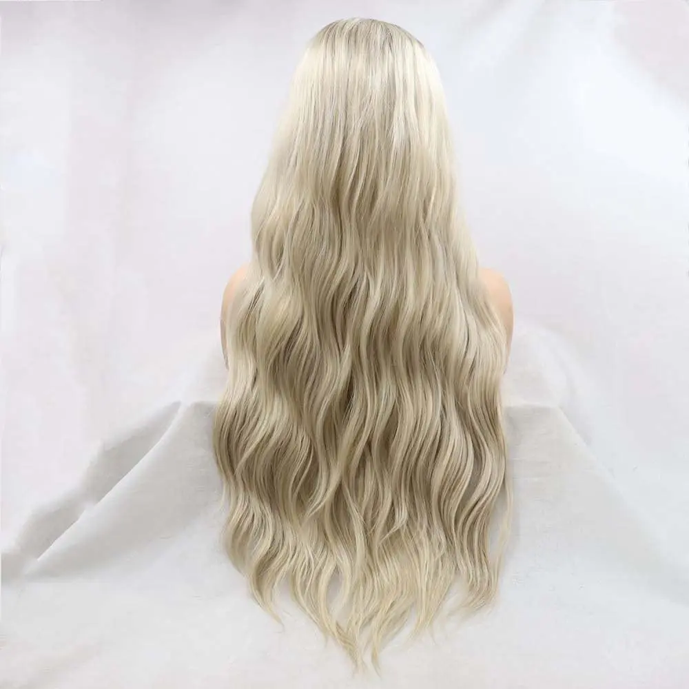 Parrucche bionde Sylvia Parrucche bionde anteriori in pizzo sintetico con radici marroni Parrucche ondulate lunghe sciolte in fibra resistente al calore Riga centrale