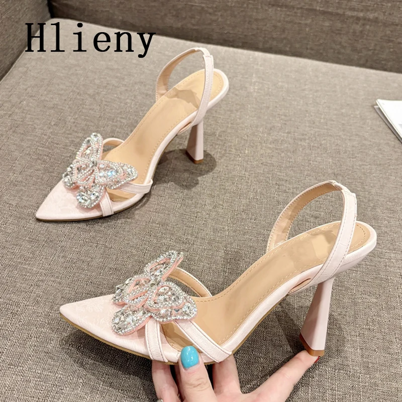 Hlieny Design Style Crystal Butterfly-knot Women Sandals Summer Pointed Toe High Heels Sexy Wedding Party Shoes Size 35-41