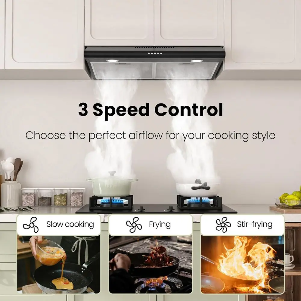 30インチ ブラック アンダーキャビネットレンジフード、ダクト式/ダクトレス式変換可能キッチン換気フード、LEDライト付き、3段階速度調整排気ファン、プッシュ式