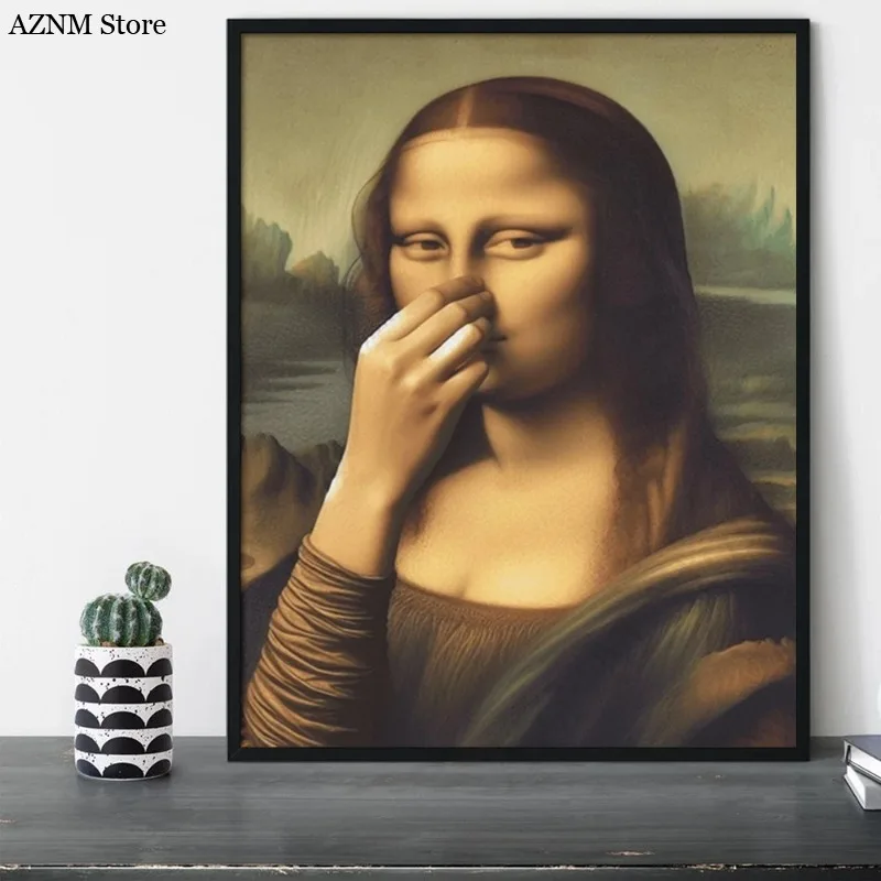 Mona Lisa Badezimmer Wandkunst Dekoration mit Abdeckung für die Nase, Vintage Poster Druck Toilette Lustige Leinwandmalerei Wand Heimdekoration Kunst