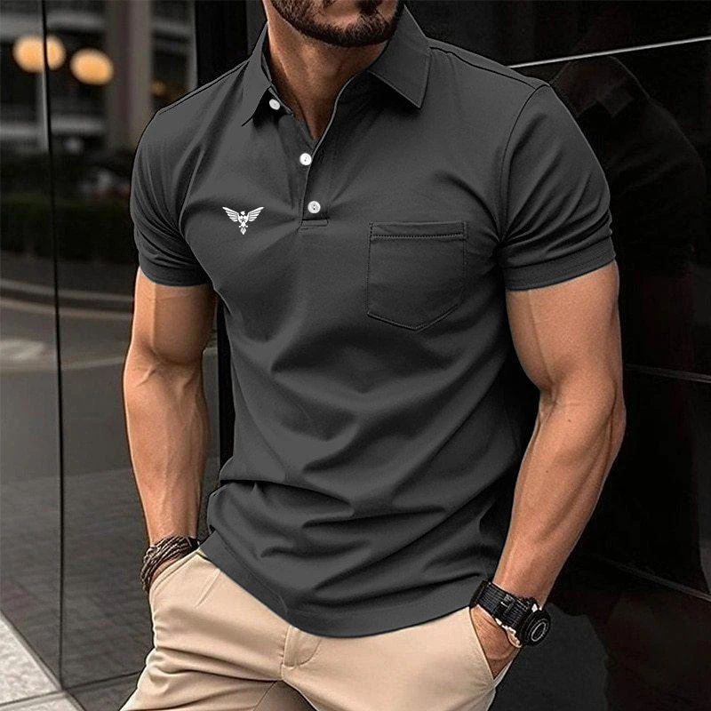 100% Polyester Men Summer Short Sleeve Casual Polo Shirt Men Slim Fit Sport Pocket Stitching Polo Shirt Men Turn-down Collar Top