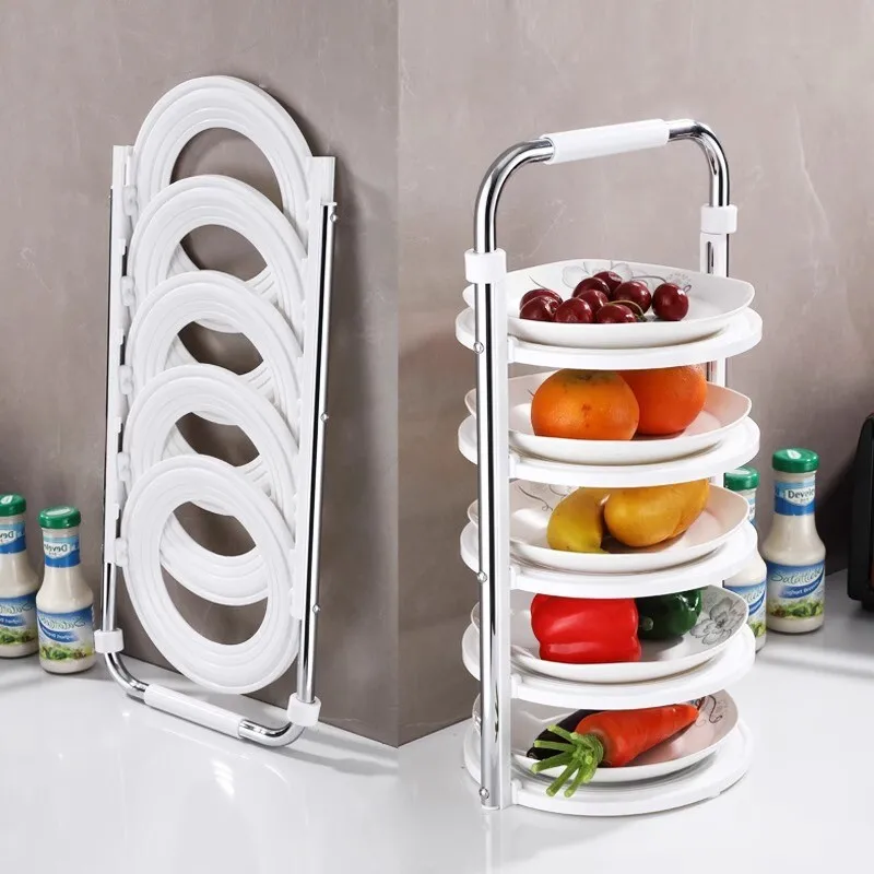 Kitchen Countertop Organizer, Foldable Tiered Serving Tray Rack Plastic Multipurpose Hot Pot Veggie Holder for Cabinet