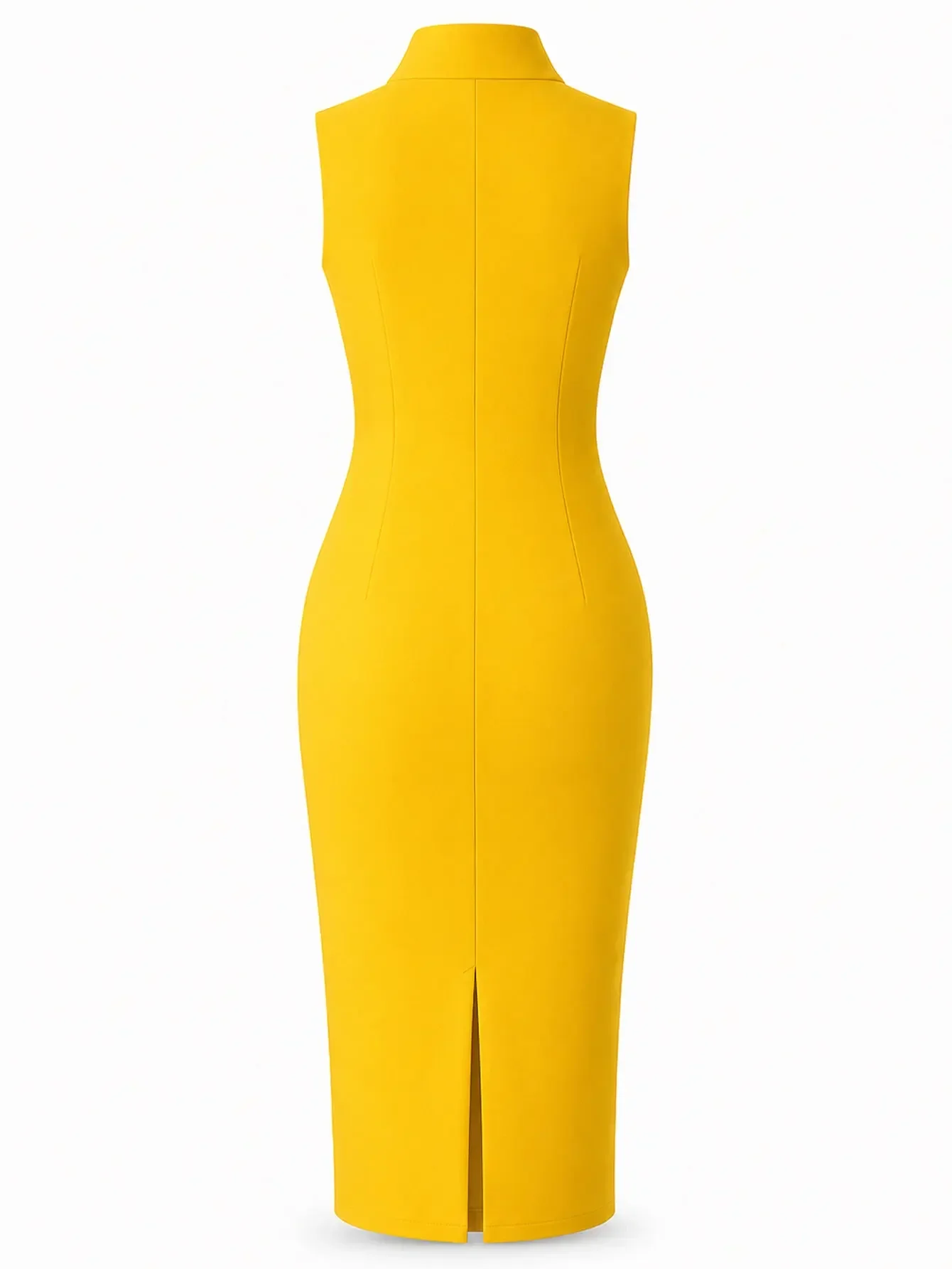 Damen Ärmelloses Kleid mit Stehkragen, halbem Reißverschluss vorne, schmaler Passform, Patchwork-Design, A-Linie, Business-Casual, Bleistift-Bodycon-Kleid – Detail 8
