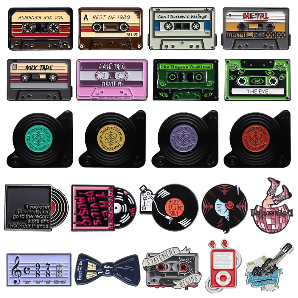 Music Series Enamel Brooch CD Tape Best To 1980 Record Player Metal Badge Punk Walkman Guitar Lapel Pins Jewelry Gifts For Kids