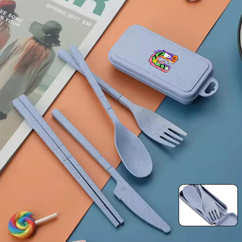 Stoviglie portatili riutilizzabili Stoviglie portatili staccabili Set di paglia di grano Accessori da campeggio per picnic Modello di lettere di caramelle